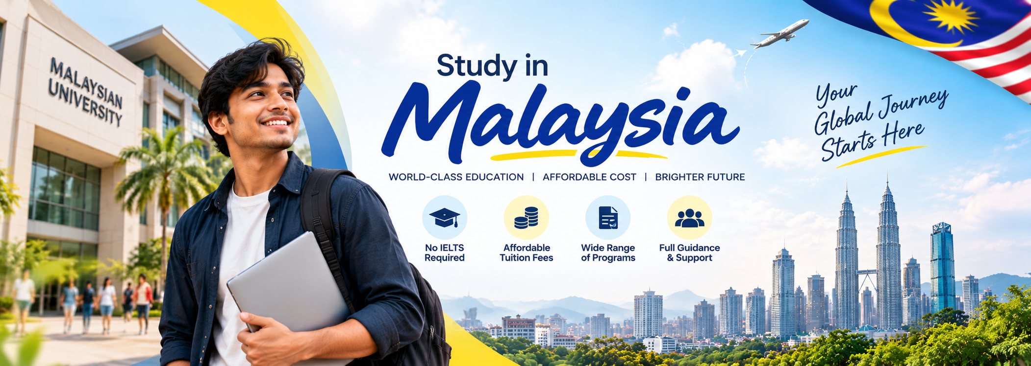 A student with a laptop in front of a Malaysian university, with the Kuala Lumpur skyline behind him — study in Malaysia.